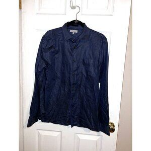 TED BAKER Mens Linen Blend Shirt Reverse Cuff Roll Up Sleeve Navy Sz 4/Large